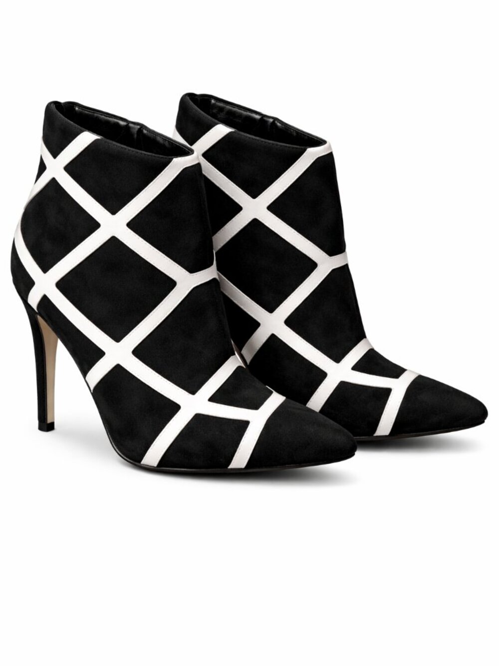 Via Spiga Black Suede Booties White Geometric Pattern Size 8.5 Stiletto Heel